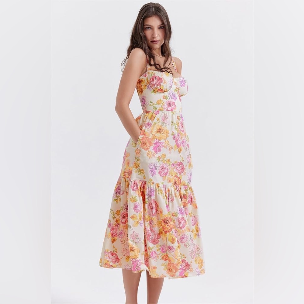 Floral Midi Dress in Pink and Yellow